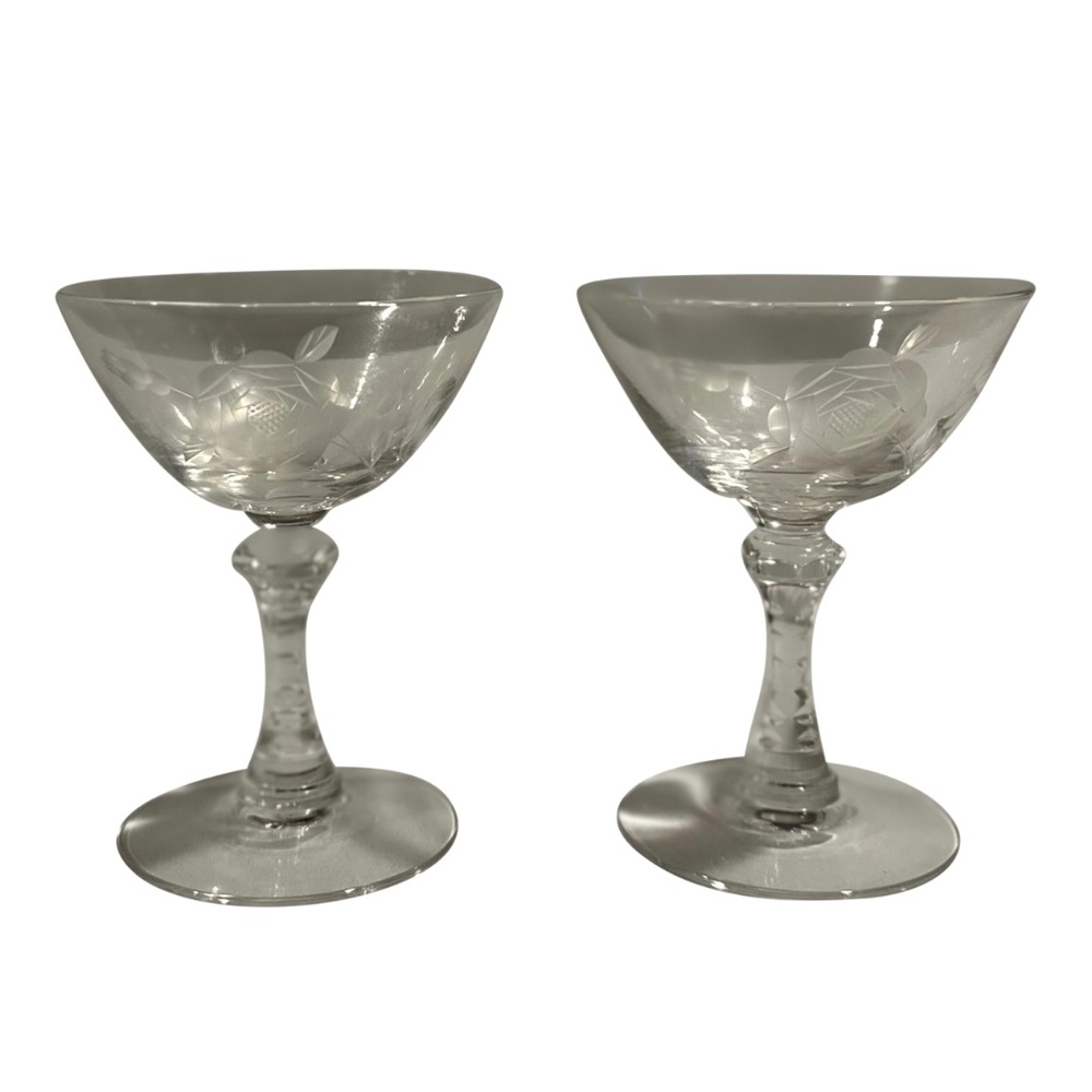 Art Deco Hand Cut Champagne Dessert Glasses Rose Design-A Pair
